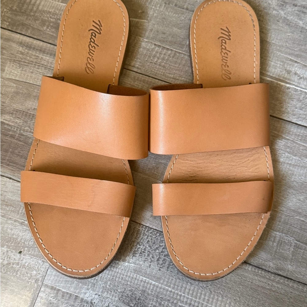 Madewell Leather Tan Slide Sandal with Double Stitching